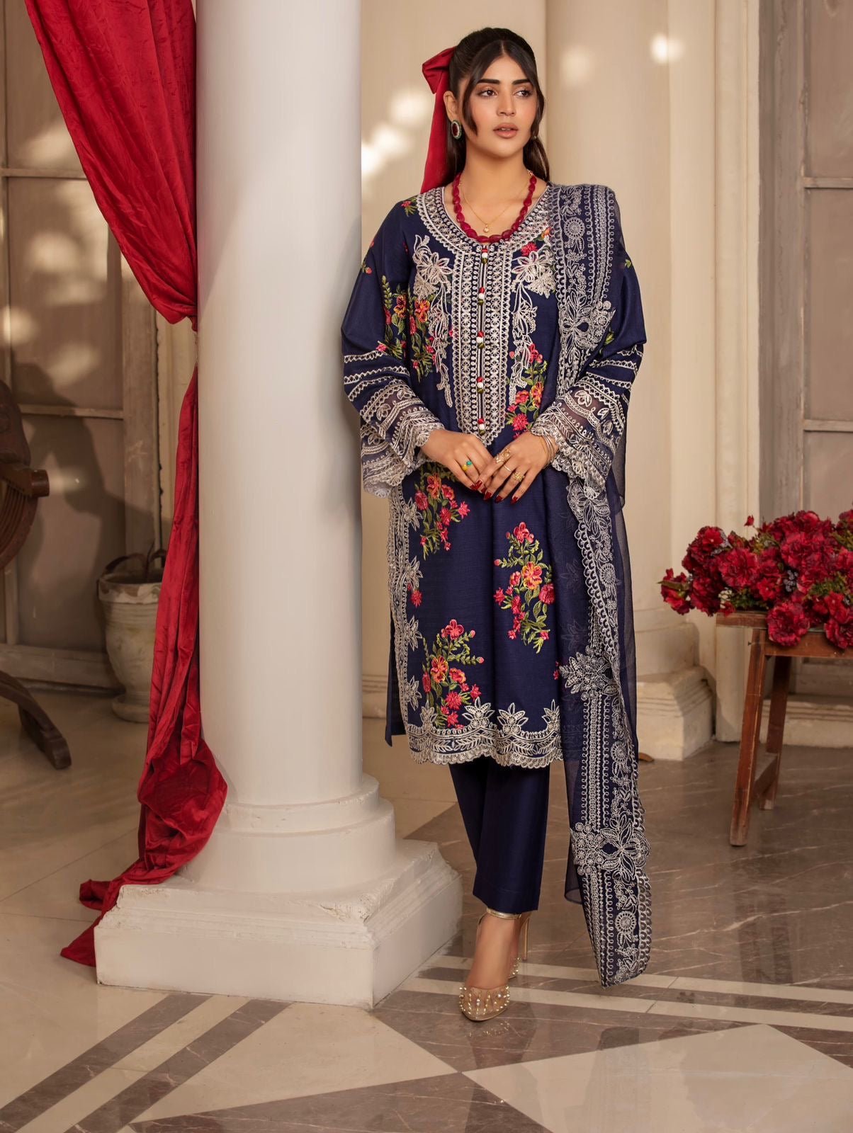 3 Pc Designer Lawn Cotton Suit With Cotton Net Dupatta Blue D 4015