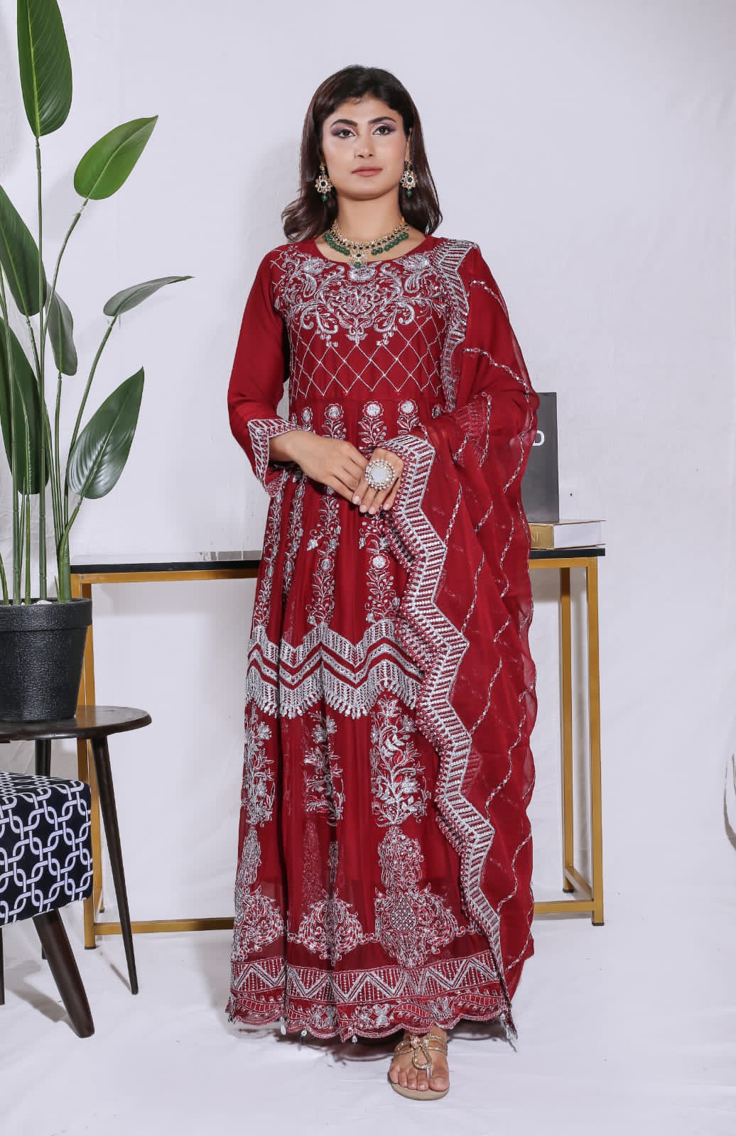 Mother & Daughter Ready to Wear Chiffon Maxi Dress Maroon D-308| Shop Pakistani Dresses S Mother & Daughter Ready to Wear Chiffon Maxi Dress Maroon D-308| Shop Pakistani Dresses S