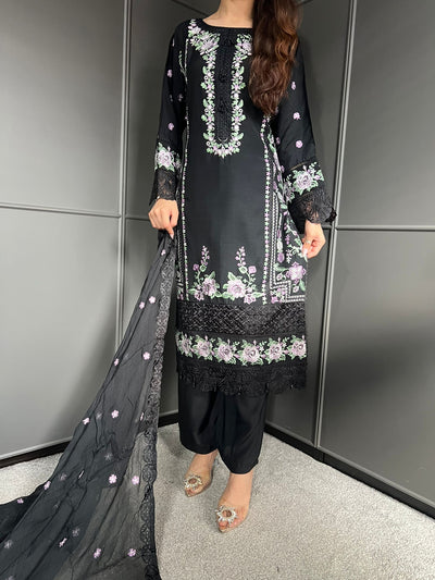 Black - Viscose Embroidered Plazzo | Suit With Embroidered | Chiffon Dupatta