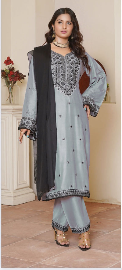 Embroidered  Linen Suit with Chiffon Dupatta - 3 Piece Set