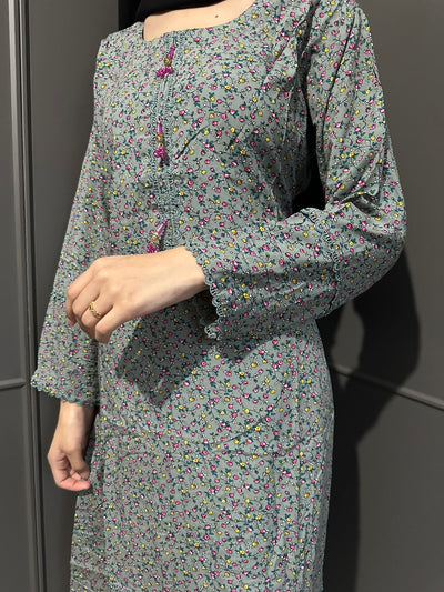 Floral Printed Stone Linen Suit - Trouser 2 Pc Set