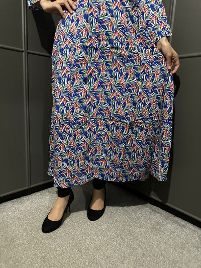 D-13 Blue&Green Printed Long Dress in Linen Martial Fabric for Casual Wear - Womenswear