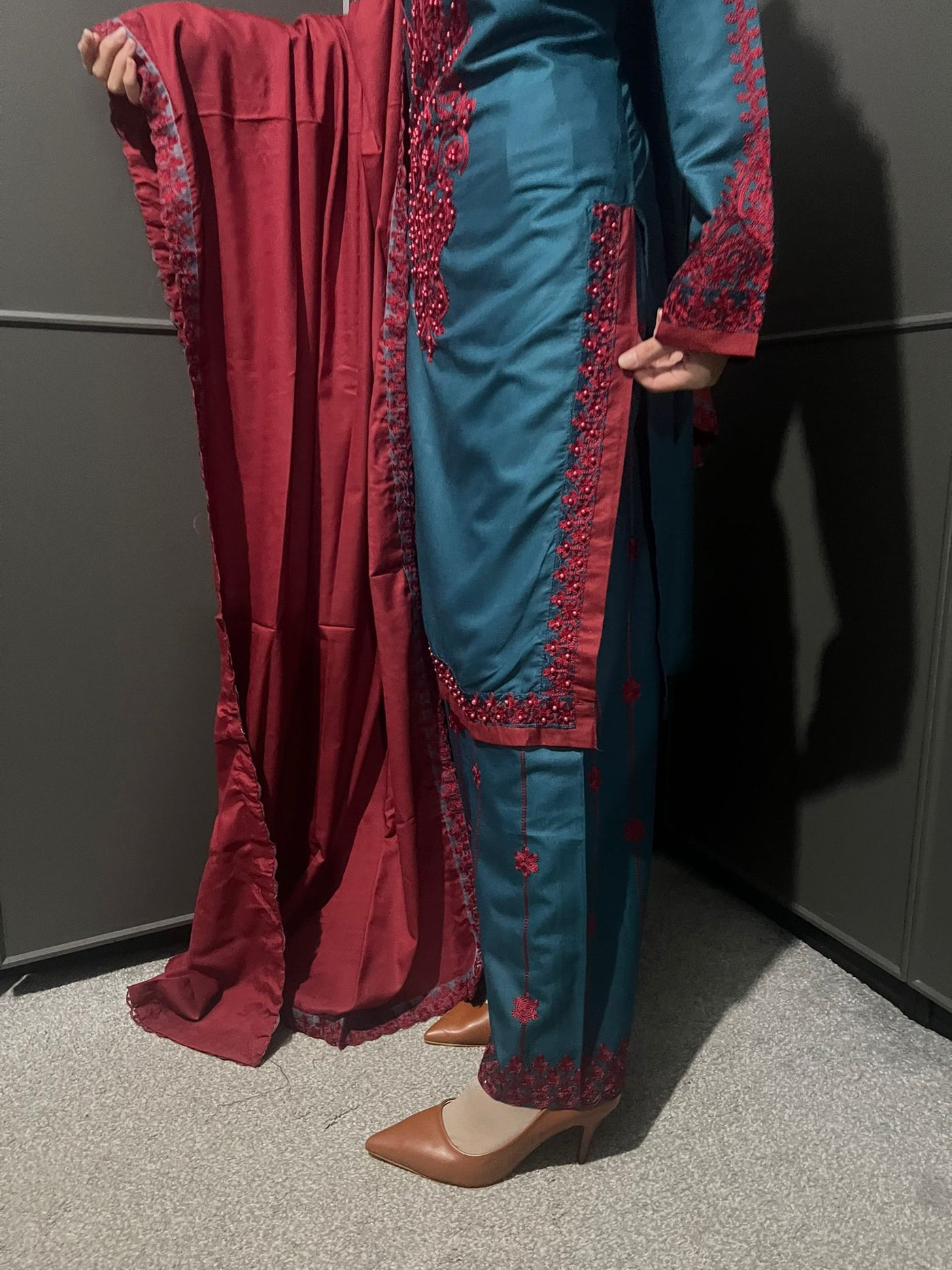 3 Pc Embroidered Dhanak Readymade Plazzo Suit with Winter shawl