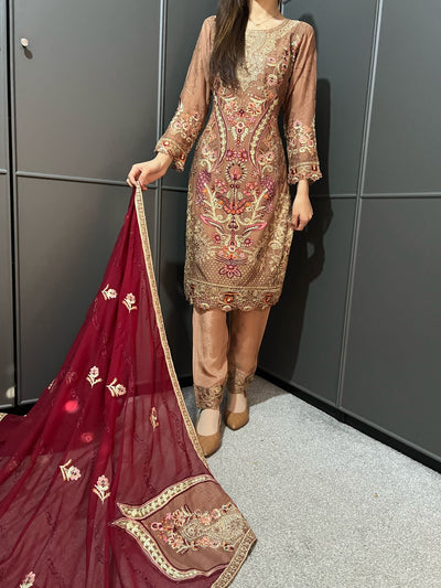 Brown Embroidered Chiffon Mother & Daughter Ready to Wear Collection - Perfect for Family Outfits