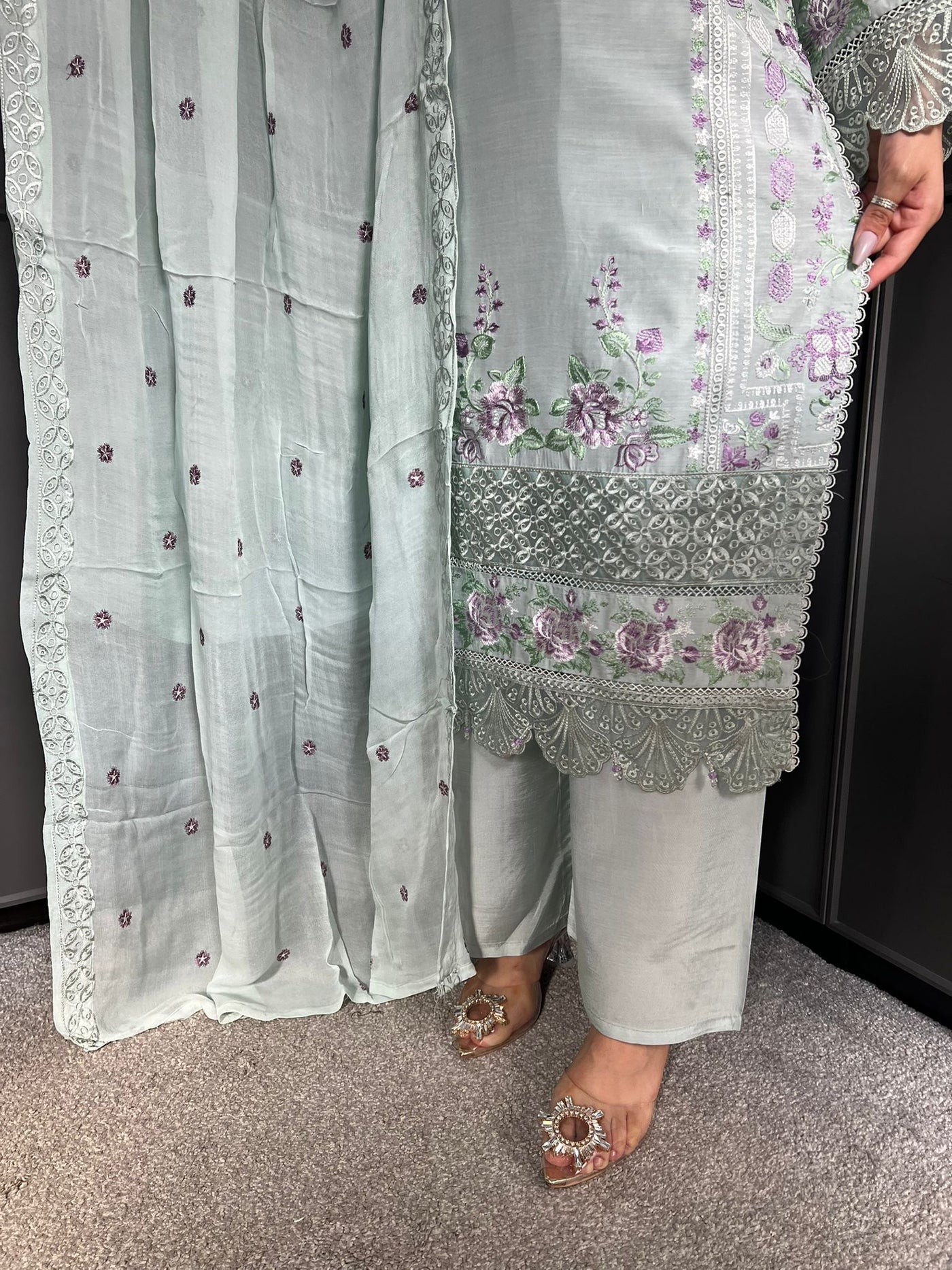 Mint  - Viscose Embroidered Plazzo | Suit With Embroidered | Chiffon Dupatta