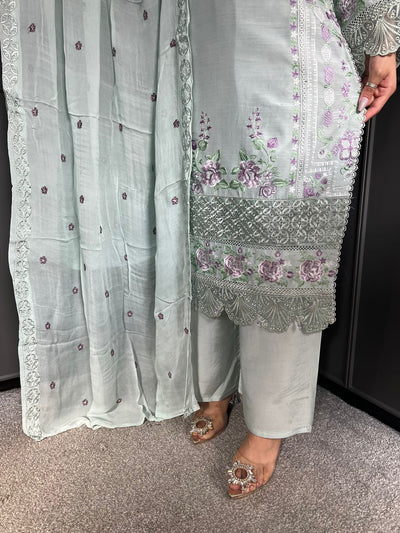 Mint  - Viscose Embroidered Plazzo | Suit With Embroidered | Chiffon Dupatta