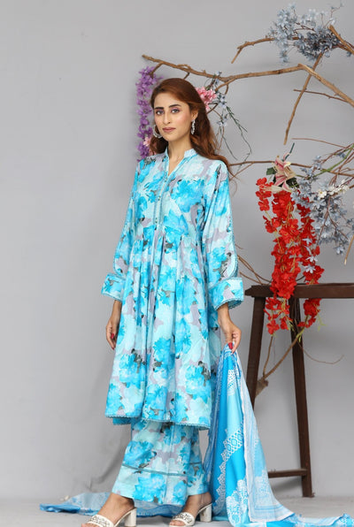 3 Pc Floral Printed Winter Linen Frock With Linen Dupatta D-202