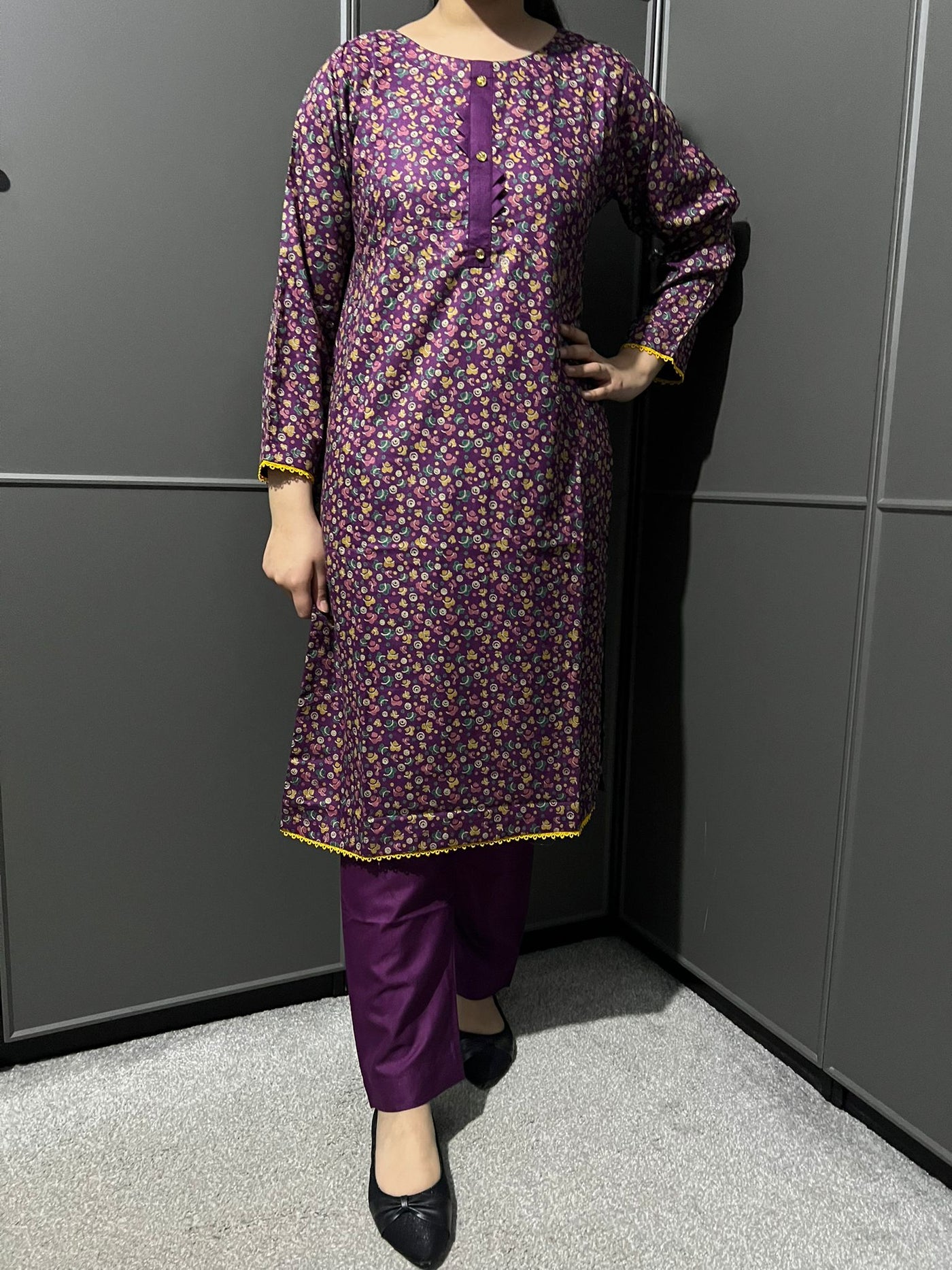 D-65 PURPLE Printed 2 Piece Winter Dhanak Suit