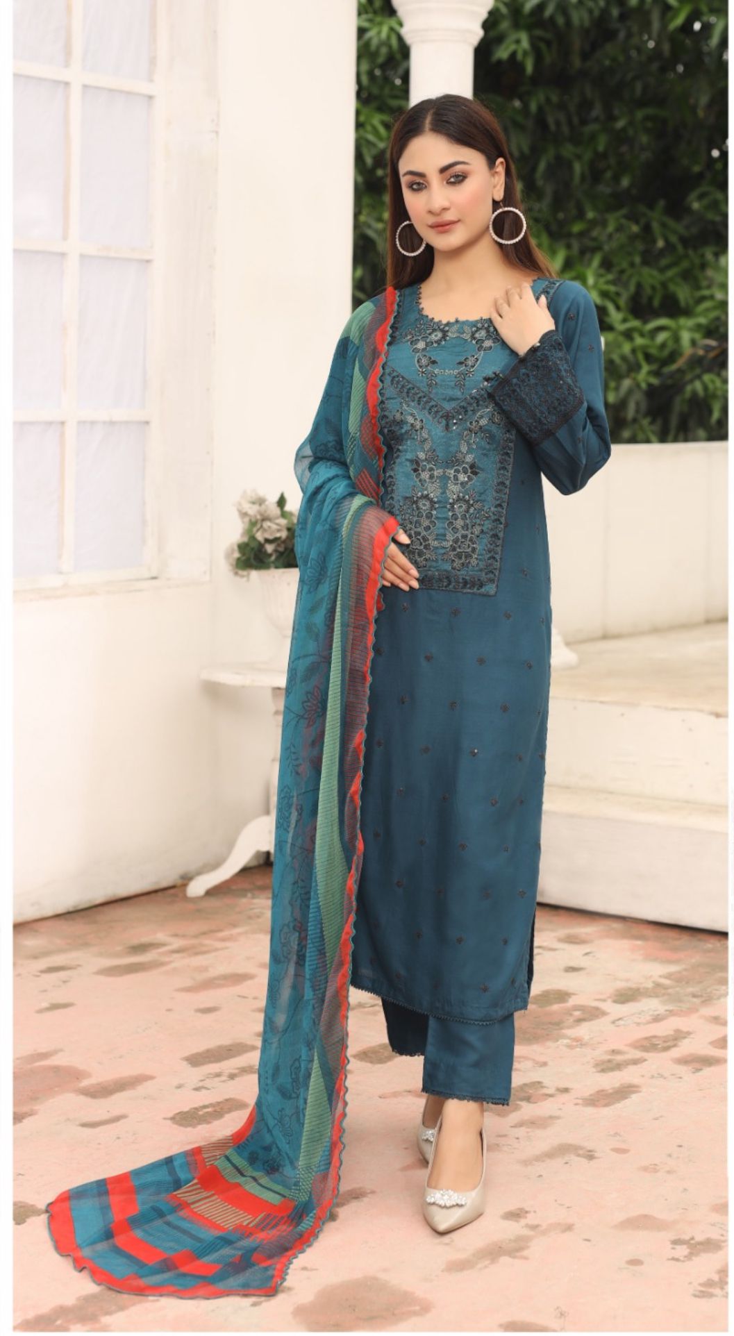 3-PIECE EMBROIDERED LINEN STITCHED SUIT WITH CHIFFON DUPTTA A-02