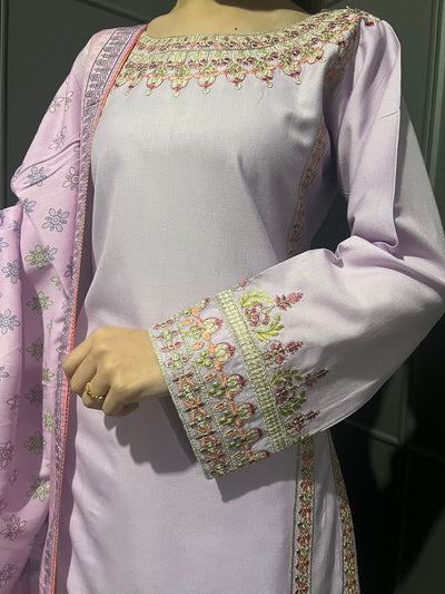 3 Pc Embroidered Dhanak Readymade Plazzo Suit with Winter shawl