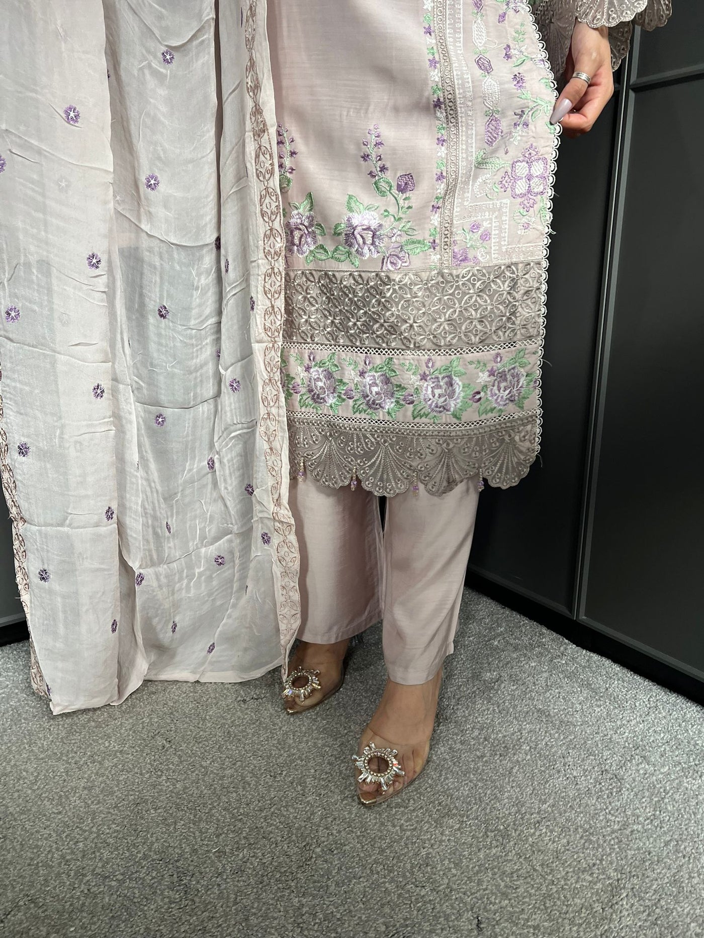 Pink Nude - Viscose Embroidered Plazzo | Suit With Embroidered | Chiffon Dupatta