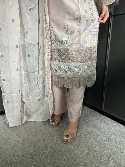 Pink Nude - Viscose Embroidered Plazzo | Suit With Embroidered | Chiffon Dupatta