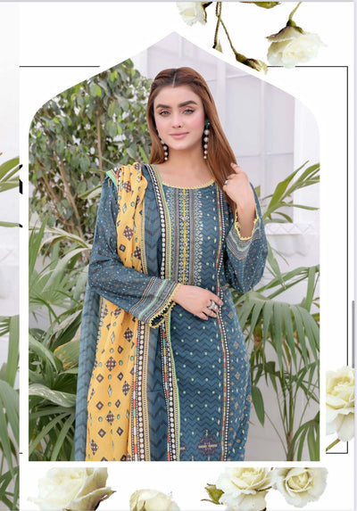 3PC PRINTED READYMADE SUIT  WITH LAWN DUPATTA | Buy Latest Ladies 3 Piece Suits in different sizes and colors designed for women and girls exclusively from Mahham Collection. We have a huge collection of Pakistani Suits | Image 3 of 4