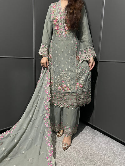 Gray 3Pc Plazzo Embroidered Chiffon Collection With Embroidered Chiffon Dupatta