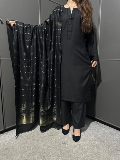 BLACK  3 PIECE PLAIN | DHANAK READY TO WEAR | SUIT WITH SHAWAL