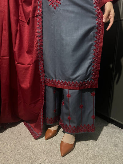 3 Pc Embroidered Dhanak Readymade Plazzo Suit with Winter shawl