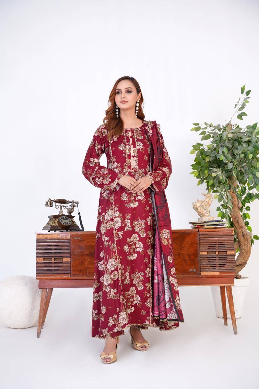 3 Pc Floral Printed Winter Linen Frock With Linen Dupatta D-605