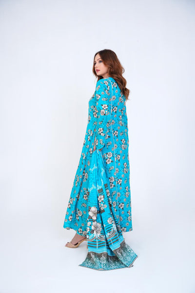 3 Pc Floral Printed Winter Linen Frock With Linen Dupatta D-308