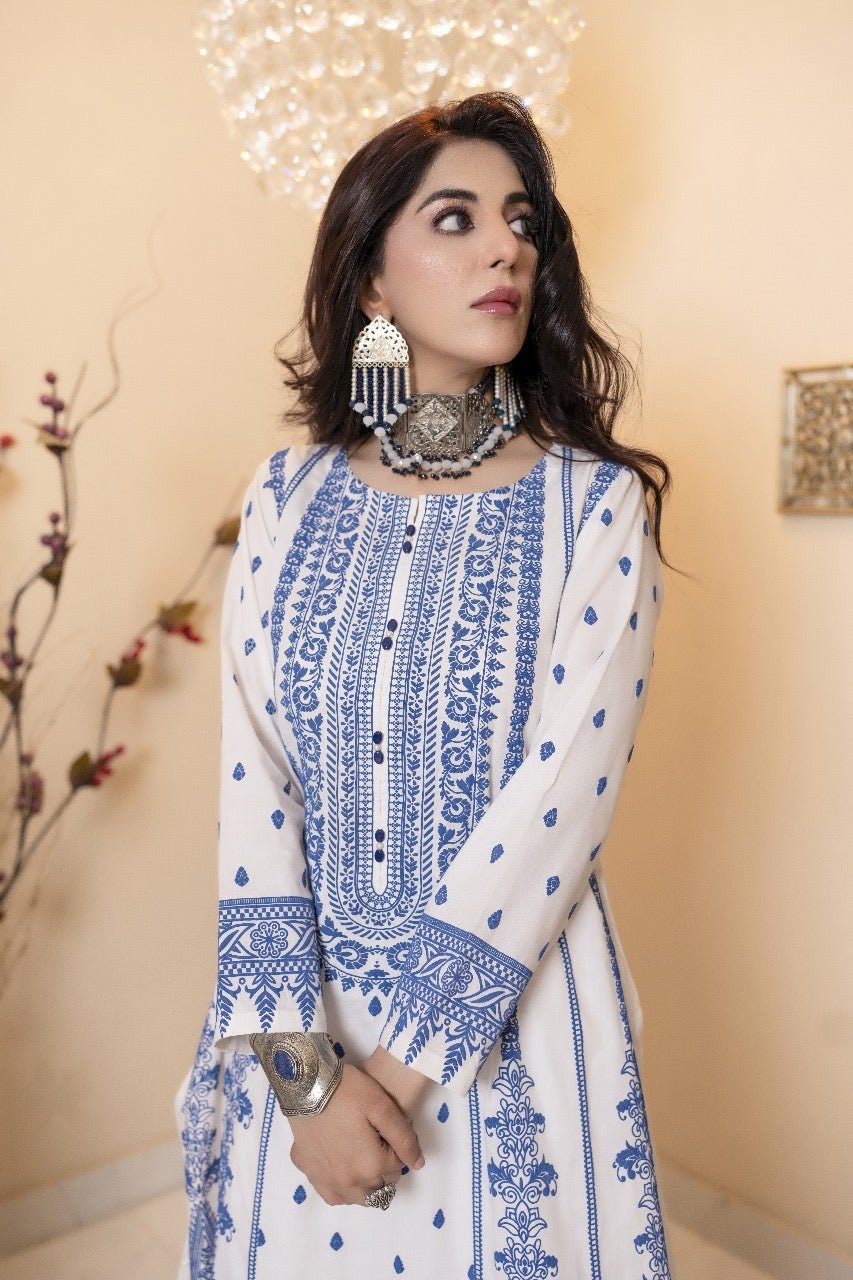 White 3 Pc  Emboss Printed Lawn Cotton  Readymade Suit -2702