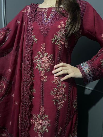 D-3 MAROON  3Pc Embroidered Chiffon Collection With Embroidered Chiffon Duptta