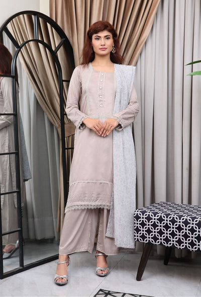 LIGHT GRAY 3 PIECE PLAIN LINEN READY TO WEAR PLAZZO SUIT D-31