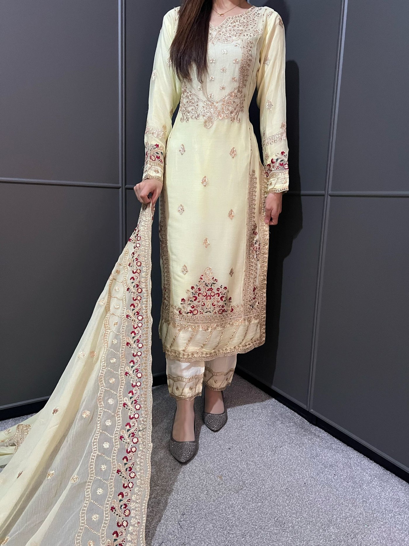 Yellow Embroidered Chiffon Mother & Daughter Ready to Wear Collection - Perfect for Family Outfits