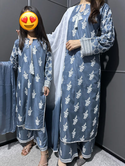 Gray-Mother & Daughter Embroidered Linen Plazo Collection