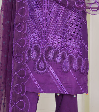 Premium Lawn 3 Piece Outfit With Printed Embroidered Net Dupatta Purple D-2b