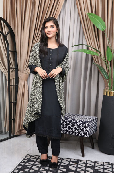 BLACK 3 PIECE PLAIN LINEN READY TO WEAR TROUSER SUIT D-21