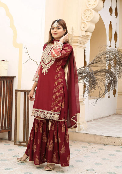 Embroidered Linen Sharara Suit With Chiffon Dupatta Maroon D-173