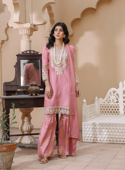 Embroidered Linen Sharara Suit With Chiffon Dupatta Tea Pink D-181