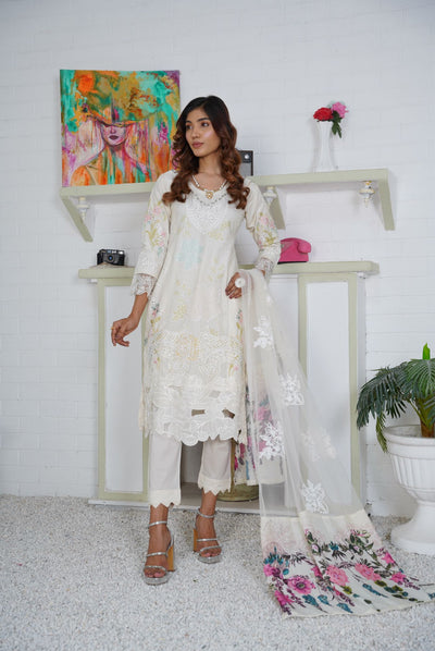 Premium Lawn 3 Piece Outfit With Printed Cotton Net Dupatta Off-White D-7A