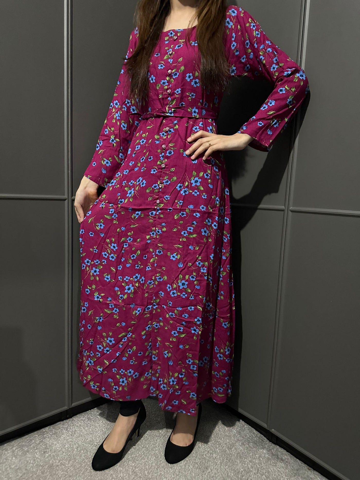 D-9 Pink&Blue Printed Long Dress in Linen Martial Fabric for Casual Wear - Womenswear