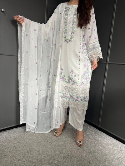Off White - Viscose Embroidered Plazzo | Suit With Embroidered | Chiffon Dupatta