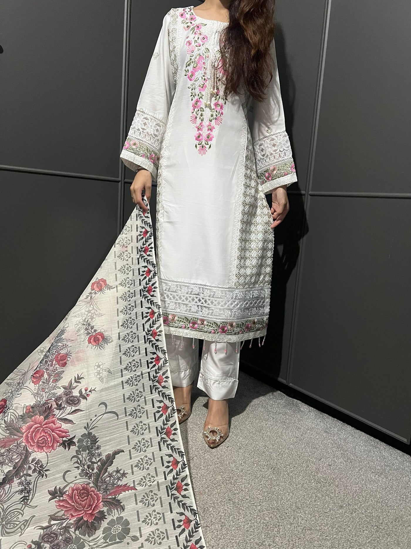 White - Viscose Embroidered Plazzo | Suit With Embroidered | Organza Dupatta