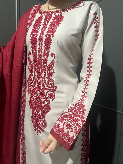3 Pc Embroidered Dhanak Readymade Plazzo Suit with Winter shawl