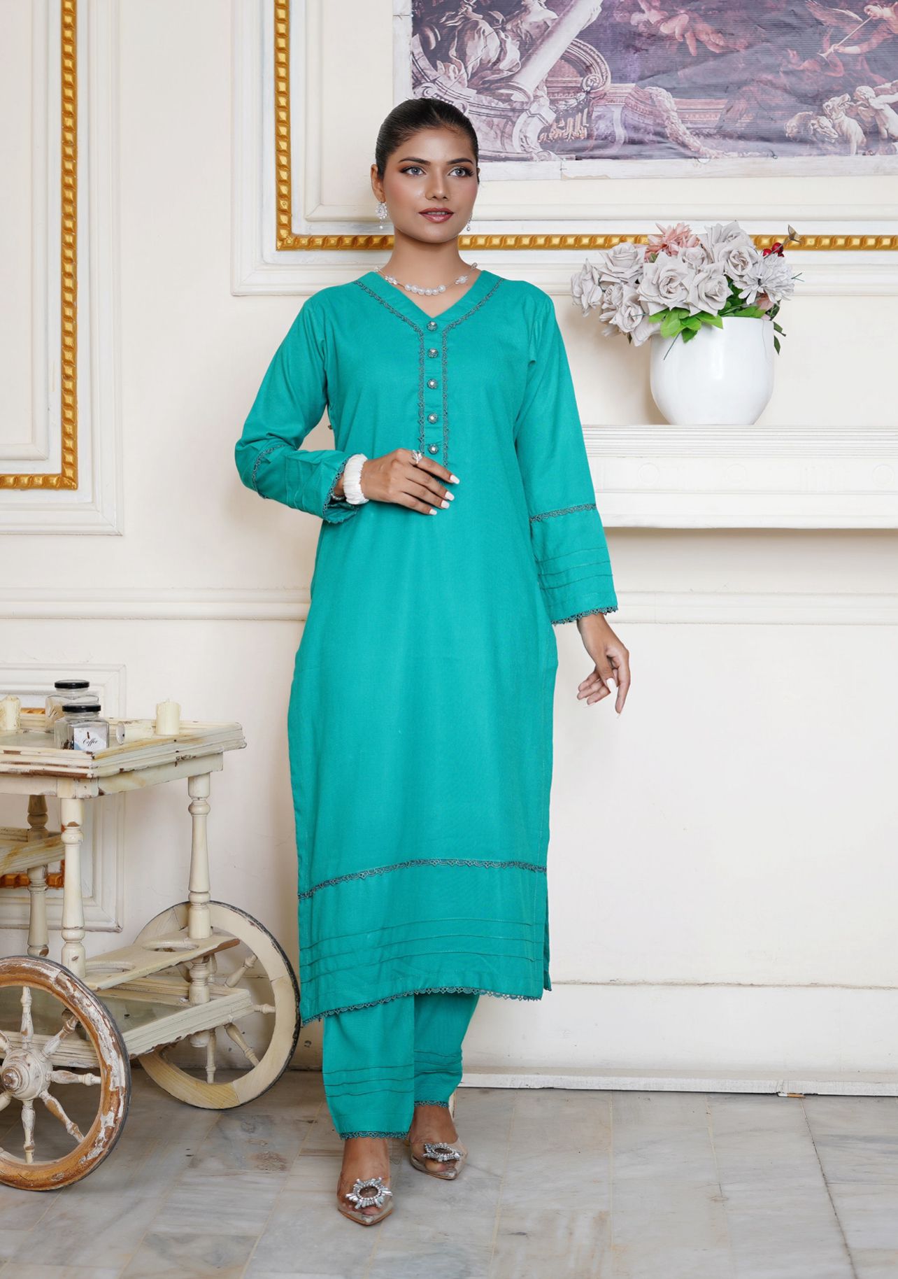 AQUA 2 PIECE PLAIN DHANAK READY TO WEAR SUIT  D-4010