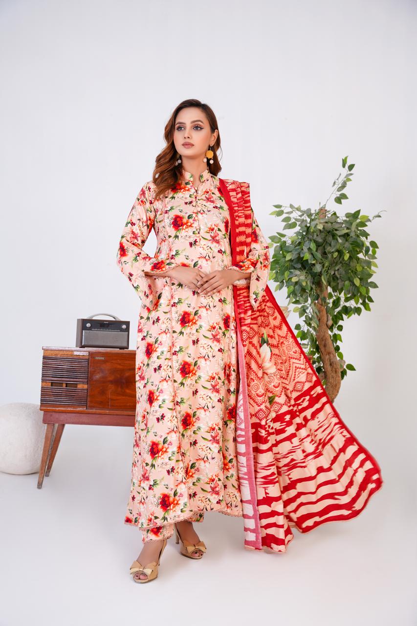 3 Pc Floral Printed Winter Linen Frock With Linen Dupatta D-603