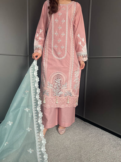 Embroidered Lawn Cotton Organza Suit with Organza Dupatta - Comfortable and Stylish
