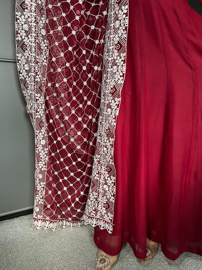MAROON Ready to wear 3 piece Embroidered maxi dress