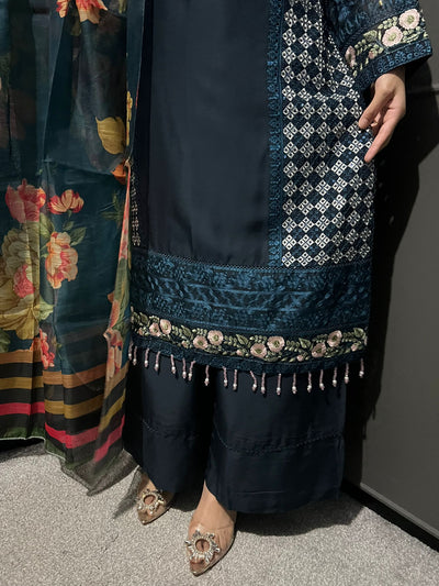 Blue - Viscose Embroidered Plazzo | Suit With Embroidered | Organza Dupatta