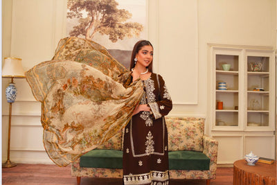 D-3 Embroidered Stone Linen Suit with Chiffon Dupatta - 3 Piece Set