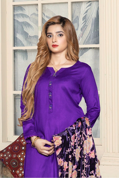 Cadbury Purple - 3 Piece Dhanak  Suit With Velvet Palachi Shawl