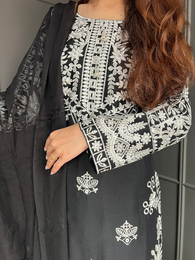 Black- FARSHI SHALWAR|Embroidered Linen 3 Piece |Outfit for Women - Asian Clothing
