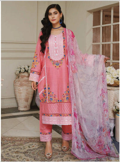 3 Piece Embroidered Lawn With Bamber Chiffon Dupatta D-01