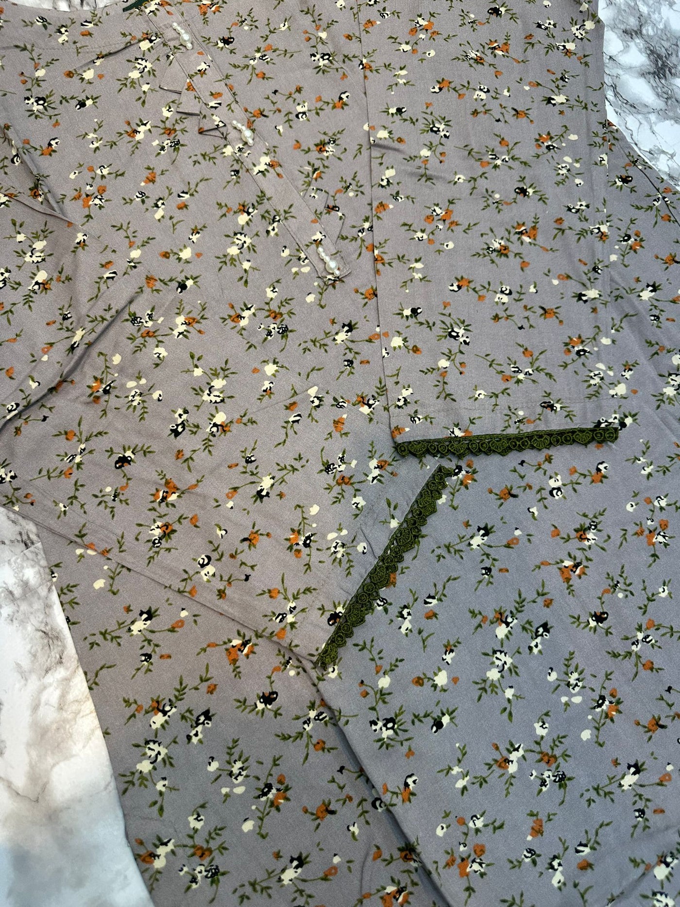 Floral Printed Stone Linen Suit - Trouser 2 Pc Set