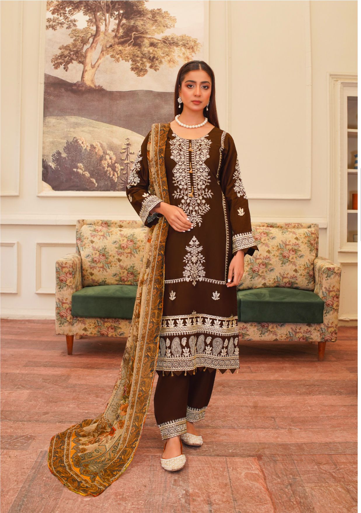 D-3 Embroidered Stone Linen Suit with Chiffon Dupatta - 3 Piece Set