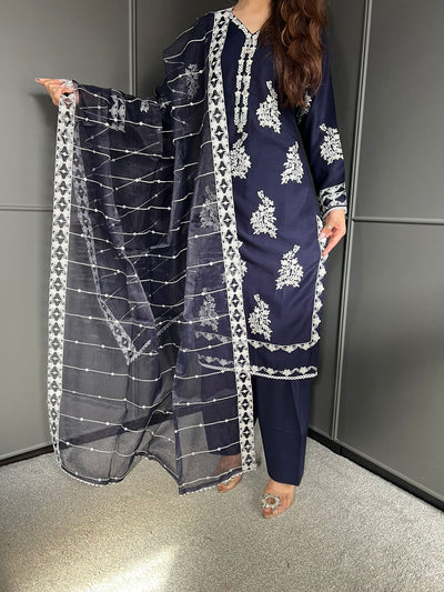 Blue- FARSHI SHALWAR|Embroidered Linen 3 Piece |Outfit for Women - Asian Clothing