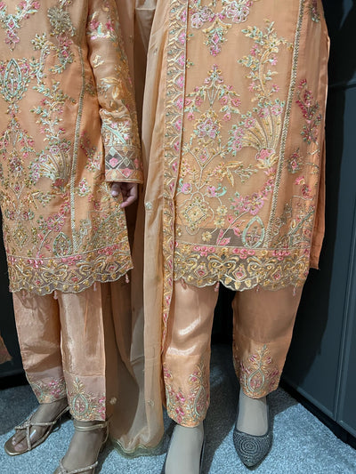 Peach Embroidered Chiffon Mother & Daughter Ready to Wear Collection - Perfect for Family Outfits