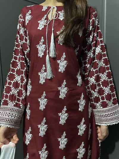 Maroon-Mother & Daughter Embroidered Linen Plazo Collection